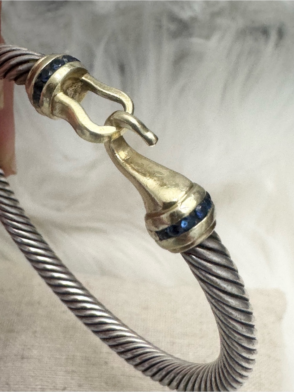 David Yurman .925 14K Gold 5mm Hook & Buckle Cable Bracelet w/Blue Sapphires - Picture 11 of 11
